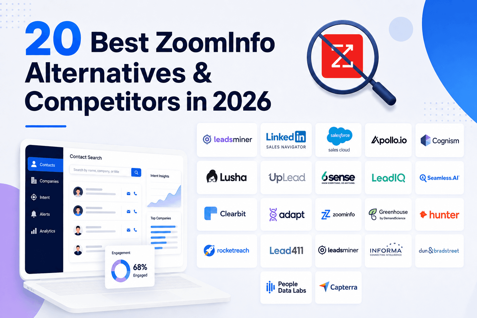 20 Best ZoomInfo Alternatives & Competitors in 2026 — a grid of contact-database and sales-intelligence tool logos including LeadsMiner, LinkedIn Sales Navigator, Apollo.io, and Cognism, next to a contact-search dashboard mockup